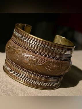 Mid Century Brutalist Etched Cuff Bracelet in Antique Copper and Silver-jewelry